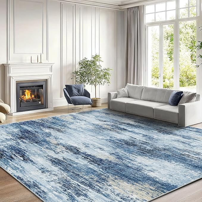 Amada 9x12 Large Area Rug, Modern Abstract Living Room Rug with Non-Slip Backing & Short Pile, Washable Rug with Abstract Pattern for Living Room, Bedroom and Dinning Room, Blue-CubbioJoy