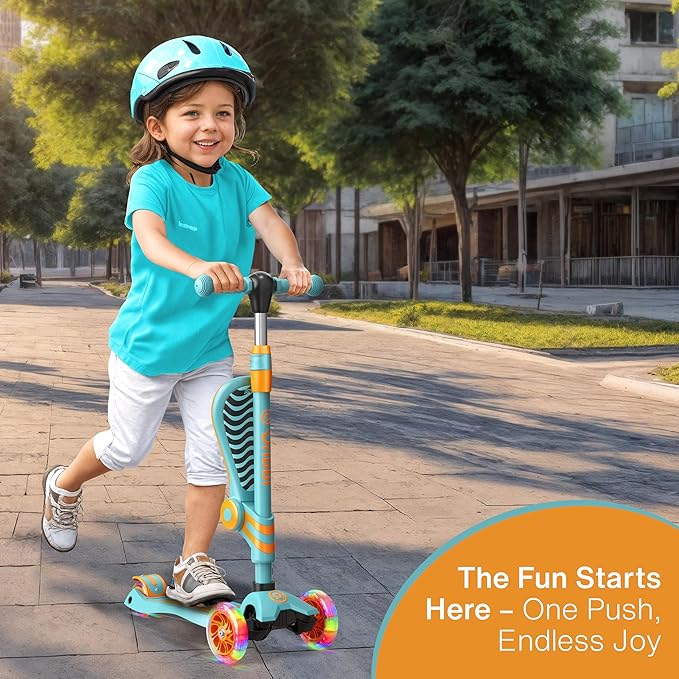 Aqua Orange 3 Wheel Scooter with Seat for Kids – Light-Up LED Wheels, Adjustable Handlebar and Seat, Smooth PU Wheels, Wide Anti-Slip Deck, Rear Foot Brake – Toddler Outdoor Toys for Ages 2+-CubbioJoy