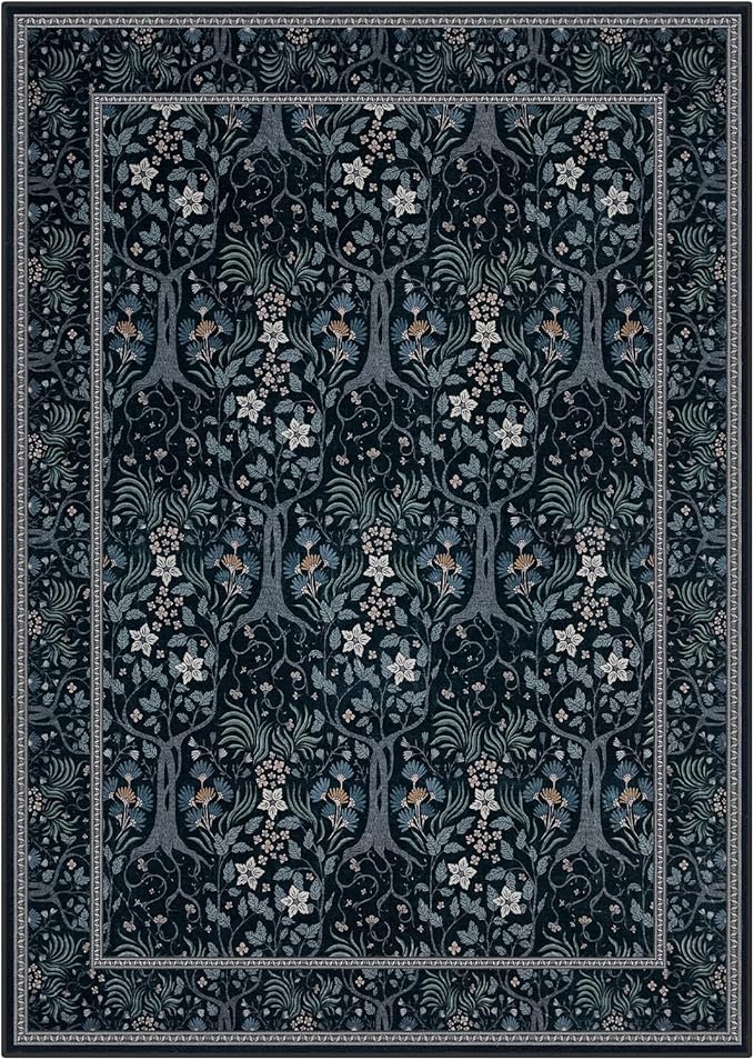 Joydeco Machine Washable Area Rugs 5x7, Boho Floral Rug for Bedroom Non Slip, Soft Forest Botanical Low-Pile Floor Indoor Throw Carpet for Living Dining Room Dorm Office, Blue-Black-CubbioJoy