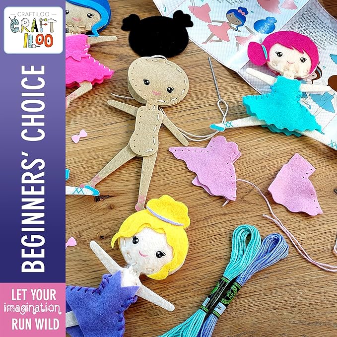 CRAFTILOO Ballerina Dancers Sewing Kit for Kids, Fun and Educational Craft Set for Boys and Girls Age 5-12, Sew Your Own Felt Ballerina Craft Kit for Beginners (Ballerina Kit)-CubbioJoy