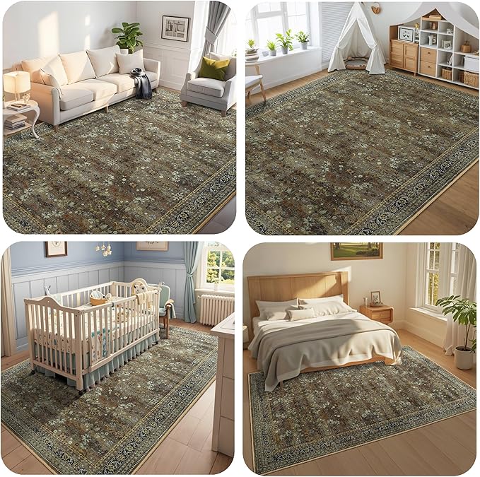 5x7 Machine Washable Area Rug for Living Room Dining Room, Vintage Floral Kitchen Rugs Non Slip, Traditional Indoor Floor Carpet for Bedroom, Farmhouse, Office Classroom Brown/Yellow-CubbioJoy