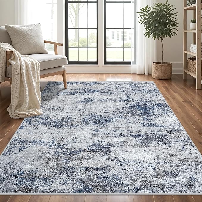 Area Rug Living Room Rugs: 5x7 Abstract Washable Rugs Ultra Soft Carpets with Non-Slip Backing Stain Resistant Carpet for Dining Room Table Bedroom Nursery Indoor Home Office Blue/Gray/Black-CubbioJoy