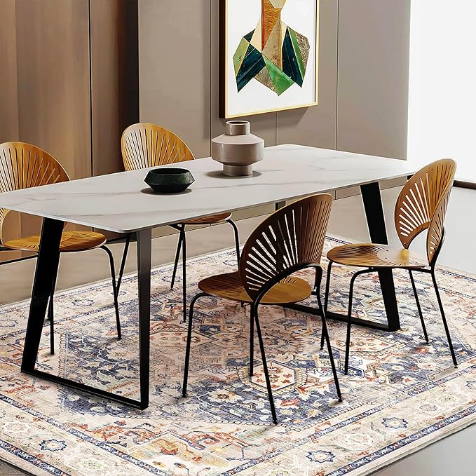 3'x5' Blue Khaki Vintage Washable Thin Area Rug Traditional Floor Cover Foldable Indoor Distressed Non Slip Carpet Floral Print Mat for Bedroom Living Room Bathroom-CubbioJoy