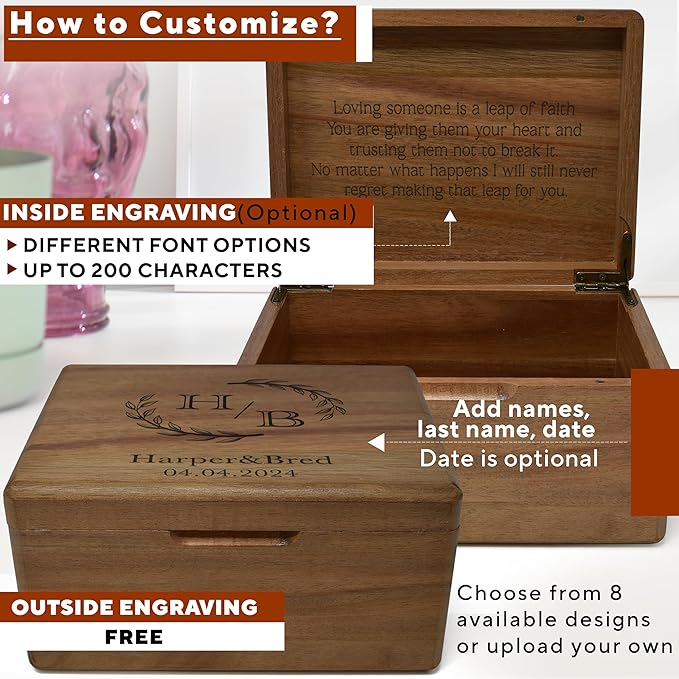 Customized Wedding Memory Box Small - Acacia Wood Engagement Gift Boxes for Couples, Keepsake Box Wedding Personalized, Custom Gift for 5 Year Marriage Anniversary Time Capsule, 8x6x4 in-CubbioJoy