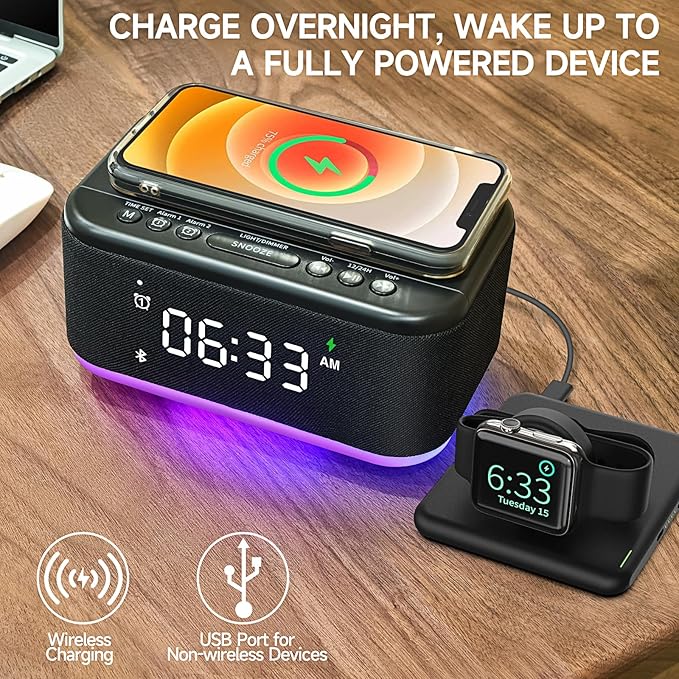 Alarm Clock Speaker Wireless Charger, Digital Alarm Clocks Bedrooms Bluetooth, Alarm Clock Dimmable Light Bedrooms Dual Alarm Snooze Dimmer 12 24H RGB Night Light Bluetooth USB AUX, Black-CubbioJoy