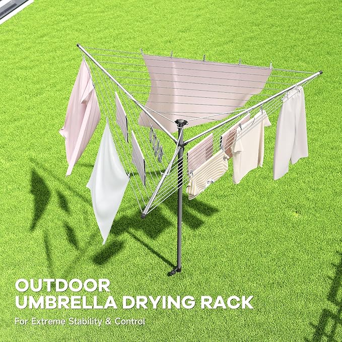 APEXCHASER Clothes Drying Rack, Outdoor Umbrella Drying Rack, Rotary Metal Drying Rack Clothing Foldable, 3-Arms Umbrella Clothesline with 98ft, Steel Frame, Backyard-CubbioJoy