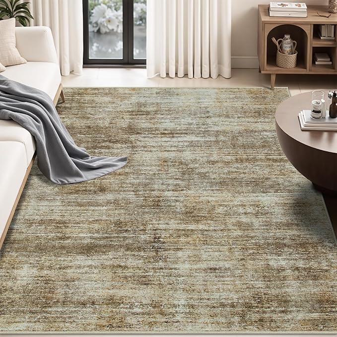 Area Rug 5x7 Living Room Rugs: Abstract Large Washable Rugs with Non-Slip Backing, Thin Carpet for Dining Room Table Bedroom Nursery Indoor Home Office-Brown-CubbioJoy