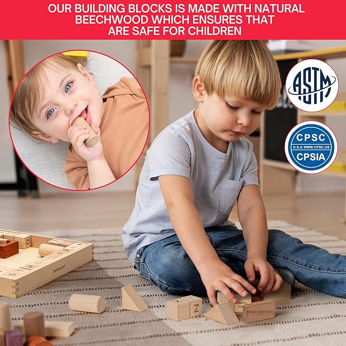 Alphabet Number Early Math Wooden Building Blocks Set - 86 Blocks in 6 Shapes with Wooden Storage Tray. Preschool Montessori Kids Toys. Stacking Learning Toys for Toddlers. Age 3 Years +-CubbioJoy