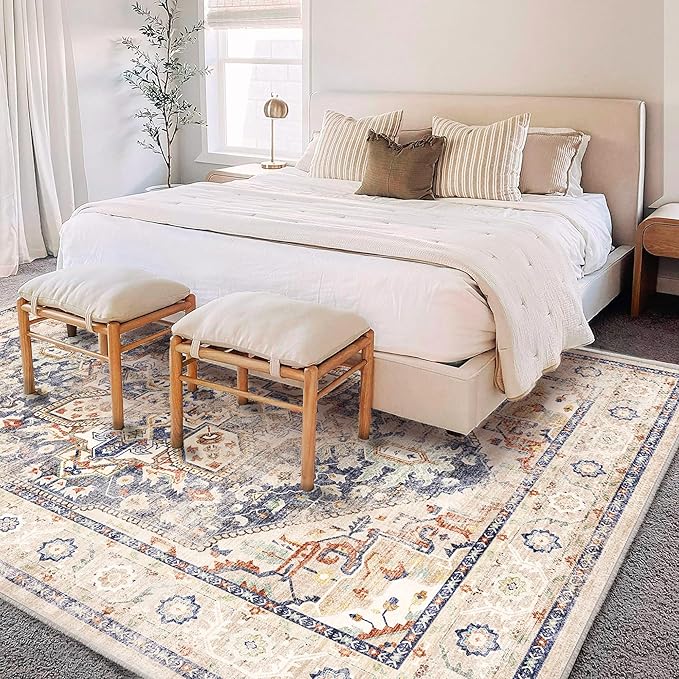 Area Rug 5'x7' Blue Khaki Washable Vintage Traditional Floor Cover Thin Retro Kitchen Indoor Distressed Non Slip Carpet Floral Print Mat for Living Room Bedroom Dining Room-CubbioJoy