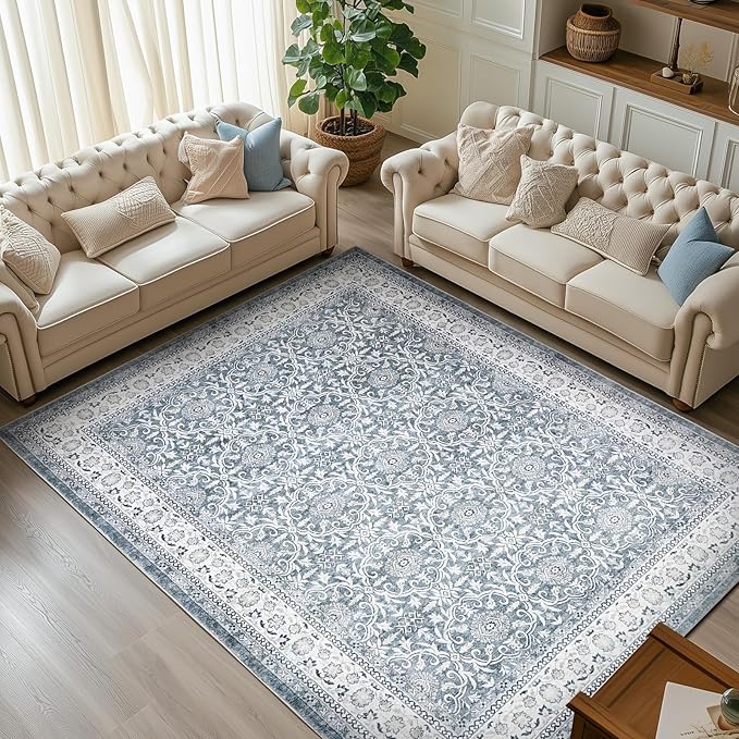 jinchan Floral 9x12 Area Rugs for Living Room - Machine Washable Vintage Distressed Boho Design Soft Throw Rug Large Carpet Low-Pile Thin Non-Slip for Bedroom Dining Room Nursery (9‘x12',Grey)-CubbioJoy