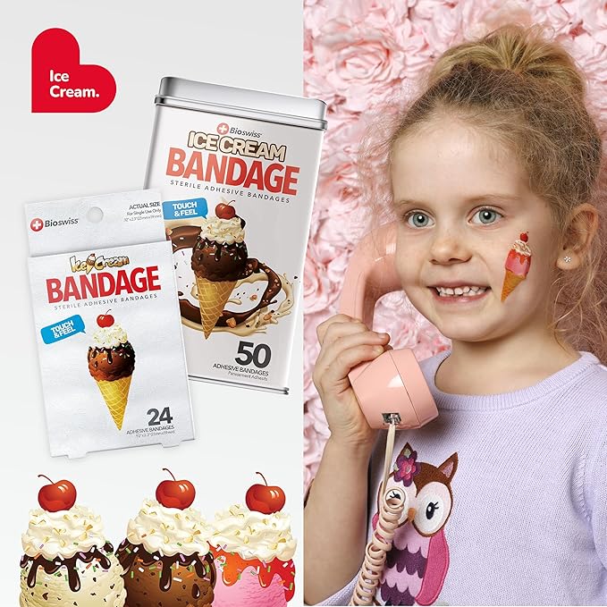 BioSwiss Bandages, Ice Cream Shaped Self Adhesive Bandage, Latex Free Sterile Wound Care, Fun First Aid Kit Supplies for Kids, 24 Count-CubbioJoy