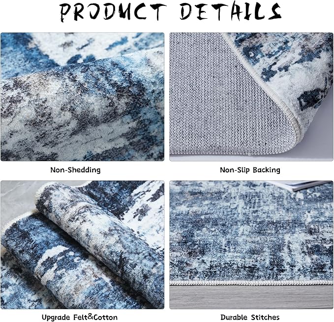 Area Rug 5x7 Washable Rug Boho Soft Abstract Pattern Non-Slip Non-Shedding Faux Wool Vintage for Living Room, Bedroom, Farmhouse, Dining Room, Indoor, Kids Playroom, Blue-CubbioJoy