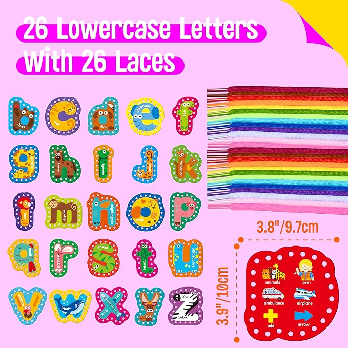 26PCS Alphabet Lacing Cards, Lowercase Letters Sewing Kit with 26 Double-Sided Cards and 26 Colorful Laces Alphabet Learning Toy Motor Skills Art Crafts for Toddlers, Kids, Students-CubbioJoy