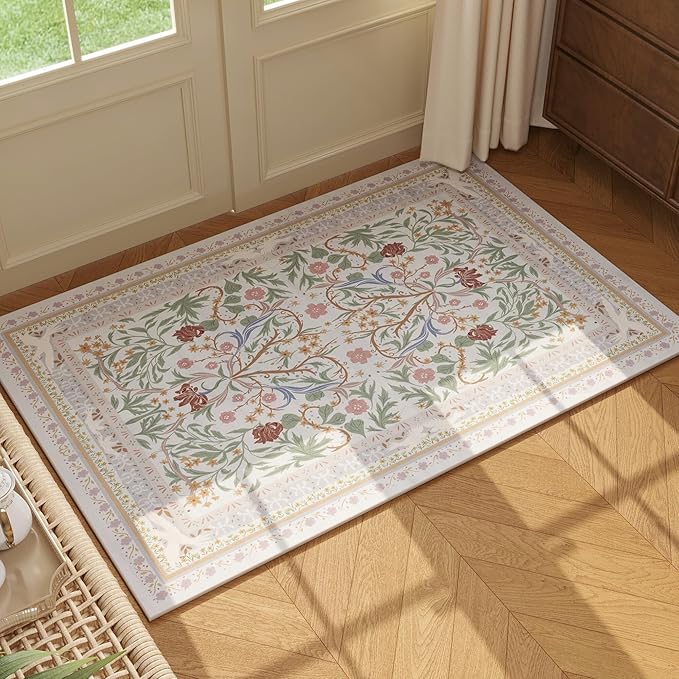 Door Mat Indoor Entrance 2x3 Rug Machine Washable Vintage Floral Botanical Small Area Rug Non-Slip Low Pile Throw Rugs for Entryway, Kitchen, Front Door Entrance, Entry, Kids Room, Beige-CubbioJoy