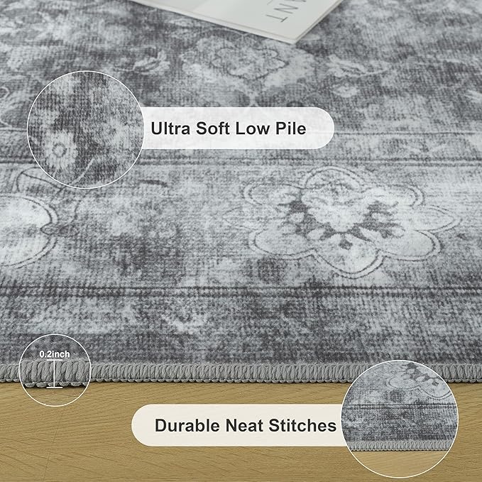 5x7 Washable Area Rug for Living Room, Non Slip Vintage Floral Rugs for Bedroom, Retro Indoor Floor Carpet for Kitchen, Dining Room, Farmhouse, Classroom (Distressed Grey)-CubbioJoy