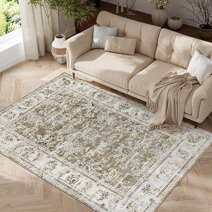 jinchan 4x6 Area Rugs for Bedroom - Machine Washable Distressed Vintage Floral Design Stain Resistant Boho Carpet Ultra-Thin Low Pile Non-Slip Rug for Living Room Dining Room Kitchen (4‘x6',Taupe)-CubbioJoy