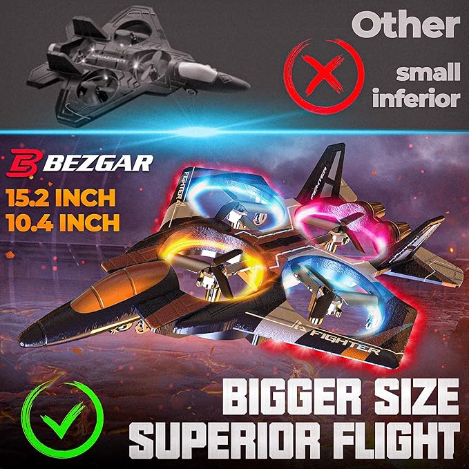 BEZGAR RC Plane for Kids | 2.4GHZ Brushless Drones with Camera, 6-axis Gyro Remote Control Airplane, 360° Flip Fighter Jet Toy, Toys for Ages 8+ with Colorful LED Navigation Lights Orange-CubbioJoy