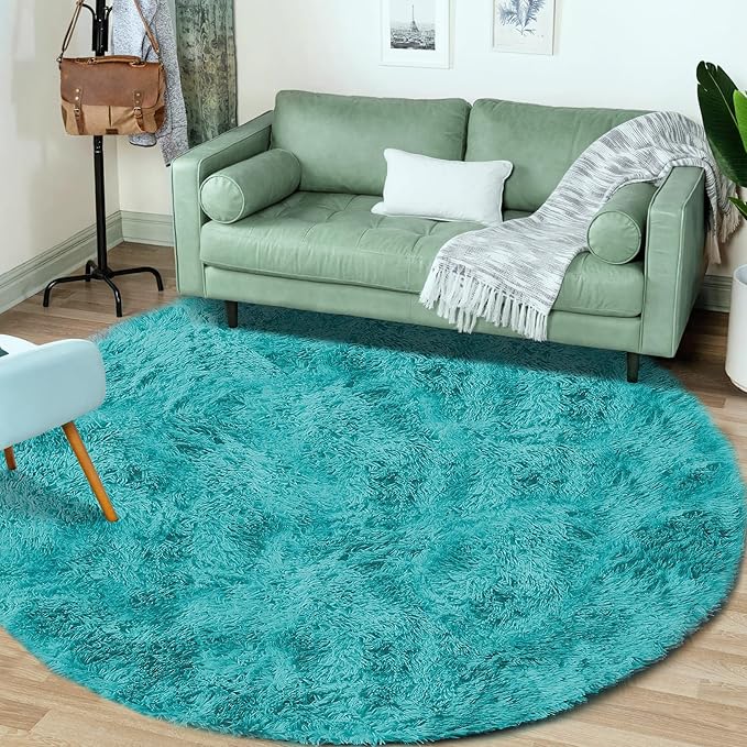 4FT Round Rug for Bedroom: Fluffy Shag Soft Washable Rugs Circle Small Fuzzy Plush Indoor Carpet for Living Room Nursery Playroom Dorm Kids Girls Boys Room (Teal Blue, 4'x4')-CubbioJoy