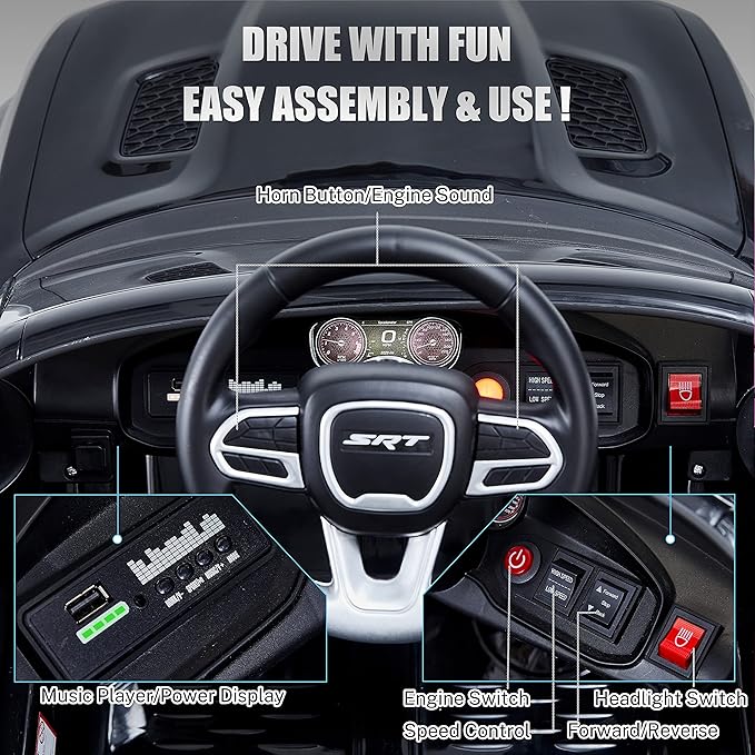 12V 7Ah Kids Electric Ride on Car, Licensed Dodge Charger SRT Hellcat, Battery Powered 4-Wheels Toy Car Electric Vehicle for Kids with Remote Control, 3 Speeds, LED Lights, Music (Black)-CubbioJoy