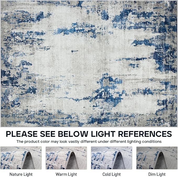 8x10 Area Rugs for Living Room Rug Washable: Modern Large Rug for Dining Room Bedroom Carpet Non Slip 8 by 10 Indoor Abstract Nursery Home Office Blue White-CubbioJoy