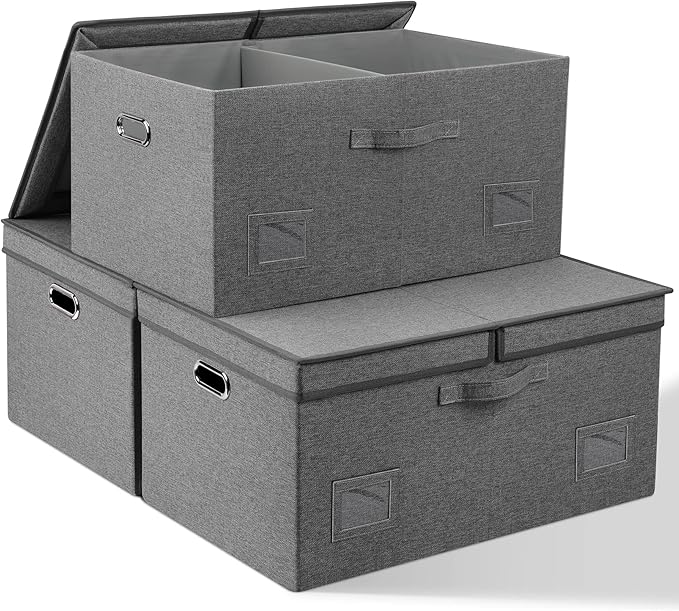75 Quarts Extra Large Decorative Storage Bins with Lids, 3 Packs Gray Collapsible Storage Bins with Lids, Stackable Storage Bins Decorative Box Storage With Lid Extra Large-CubbioJoy