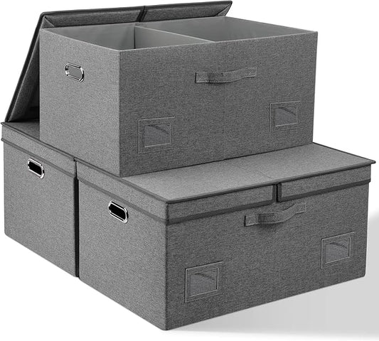 75 Quarts Extra Large Decorative Storage Bins with Lids, 3 Packs Gray Collapsible Storage Bins with Lids, Stackable Storage Bins Decorative Box Storage With Lid Extra Large-CubbioJoy