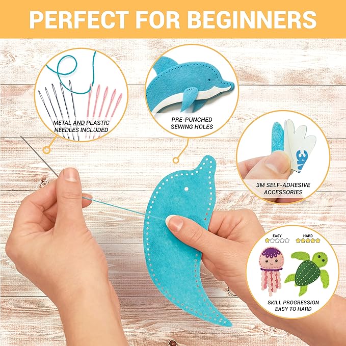 Craftorama Sewing Kit for Kids, Fun and Educational Sea Animal Craft Set for Boys and Girls Age 7-12, Sew Your Own Felt Animals Craft Kit for Beginners, 165 Piece Set-CubbioJoy