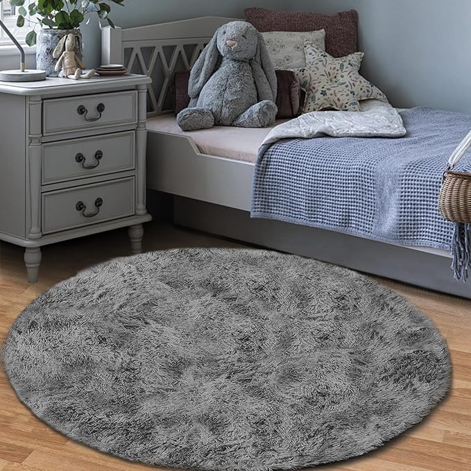 4FT Round Rug for Bedroom: Fluffy Shag Soft Washable Rugs Circle Small Fuzzy Plush Indoor Carpet for Living Room Nursery Playroom Dorm Kids Girls Boys Room (Dark Grey, 4'x4')-CubbioJoy