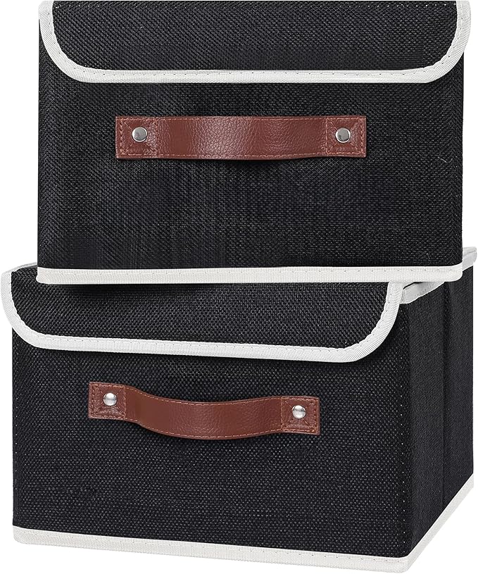 ANMINY 4PCS Storage Bins with Lid PU Leather Handles Storage Boxes PP Plastic Board Decorative Foldable Lidded Cotton Linen Fabric Home Cubes Baskets Closet Organizer Containers - Black, Small Size-CubbioJoy