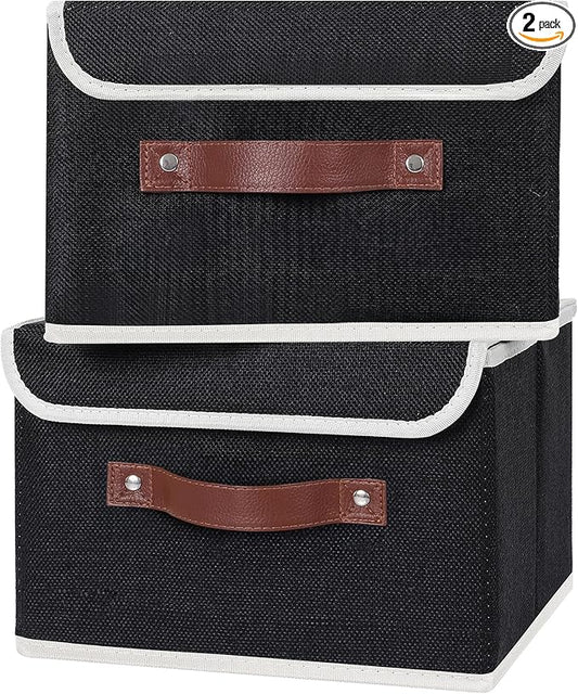 ANMINY 2PCS Storage Bins with Lid PU Leather Handles Storage Boxes PP Plastic Board Decorative Foldable Lidded Cotton Linen Fabric Home Cubes Baskets Closet Organizer Containers - Black, Small Size-CubbioJoy