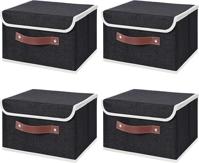 ANMINY 4PCS Storage Bins with Lid PU Leather Handles Storage Boxes PP Plastic Board Decorative Foldable Lidded Cotton Linen Fabric Home Cubes Baskets Closet Organizer Containers - Black, Small Size-CubbioJoy
