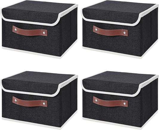 ANMINY 4PCS Storage Bins with Lid PU Leather Handles Storage Boxes PP Plastic Board Decorative Foldable Lidded Cotton Linen Fabric Home Cubes Baskets Closet Organizer Containers - Black, Small Size-CubbioJoy