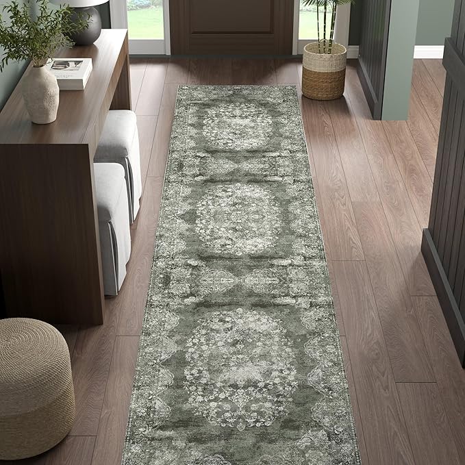 jinchan Hallway Runner Rug 2x10 Vintage Floral Distressed Design - Machine Washable Non-Slip Low-Pile Soft Thin Faux Wool Kitchen Carpet for Farmhouse Bedroom Laundry Room (2x10ft, Forest Green)-CubbioJoy
