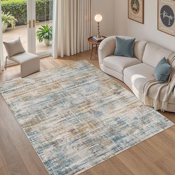 Area Rug for Living Room: 5x7 Washable Neutral Abstract Modern Soft Rugs Non Slip Indoor Floor Stain Resistant Carpet for Bedroom Dining Room Office Nursery - Blue Brown-CubbioJoy