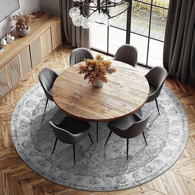 jinchan Round Rug 8ft Area Rug - Grey Vintage Floor Mat Kitchen Indoor Ultra-Thin Soft Floral Print - Washable Circle 8' Retro Accent for Farmhouse Non Slip Dining Room Living Room Bedroom Office-CubbioJoy