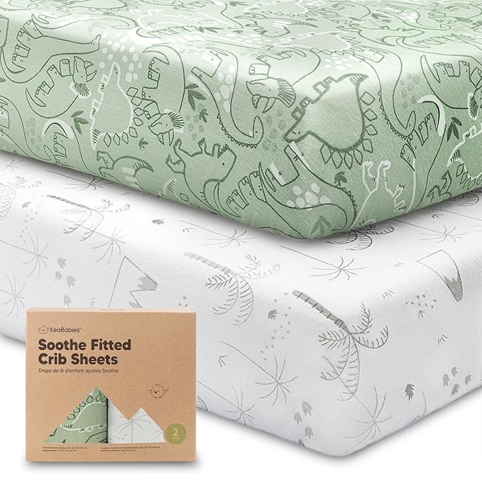 KeaBabies 2-Pack Organic Crib Sheets for Boys, Girls - 52x28 Fitted Crib Mattress Sheet Neutral, Breathable Jersey Cotton Cover for Baby Bed, Toddler Mattress, Soft & Cute Prints (DinoDood)-CubbioJoy