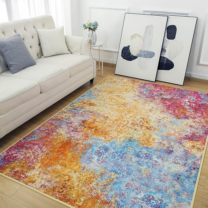 Kelarea Living Room Rug, 4x6 Modern Abstract Washable Rugs, Colorful Soft Non Slip Low Pile Carpet, Stain Resistant Rugs for Bedroom, Dining Room, Nursery, Home Office-CubbioJoy