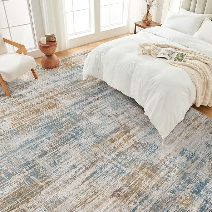 Area Rug for Living Room: 5x7 Washable Neutral Abstract Modern Soft Rugs Non Slip Indoor Floor Stain Resistant Carpet for Bedroom Dining Room Office Nursery - Blue Brown-CubbioJoy