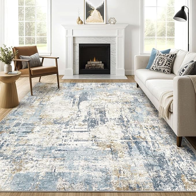 12x15 Area Rugs Washable Rug: Living Room Large Abstract Modern Soft Stain Resistant Indoor Floor Non Slip Accent Carpet for Bedroom Nursery Playroom Office Dining Room Dorm Home House- Blue-CubbioJoy