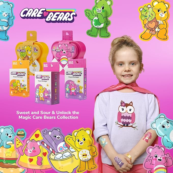 BioSwiss Care Bears Bandages, Unlock The Magic Care Bear Shaped Self Adhesive Bandage, Latex Free Sterile Wound Care, Fun First Aid Kit Supplies for Kids, 24 Count-CubbioJoy