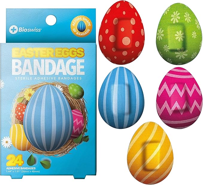 BioSwiss Bandages, Easter Egg Shaped Self Adhesive Bandage, Latex Free Sterile Wound Care, Fun First Aid Kit Supplies for Kids, 24 Count-CubbioJoy