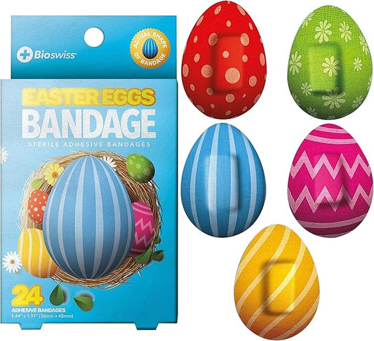 BioSwiss Bandages, Easter Egg Shaped Self Adhesive Bandage, Latex Free Sterile Wound Care, Fun First Aid Kit Supplies for Kids, 24 Count-CubbioJoy