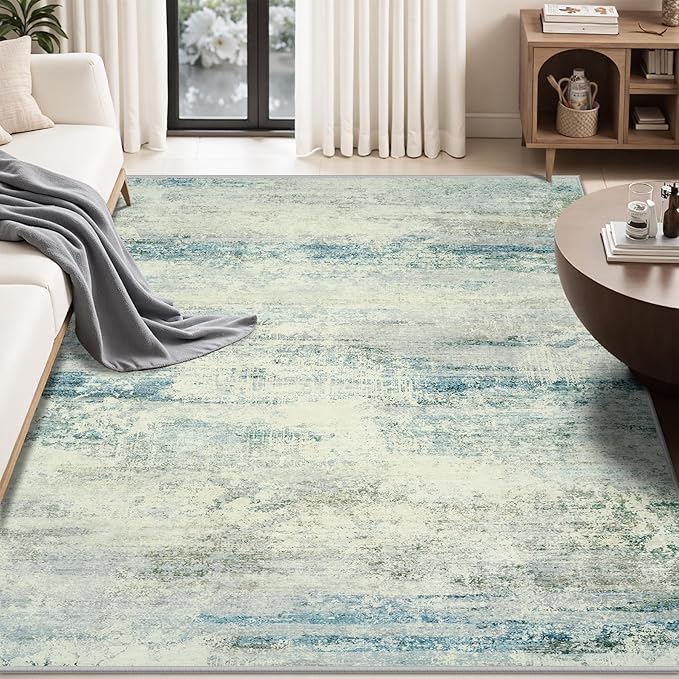5x7 Area Rugs for Lliving Room Bedroom, Abstract Washable Rugs with Non-Slip Backing, Stain Resistant Thin Carpet for Dorm Dining Room Table Nursery Indoor Home Office-Blue/Gray-CubbioJoy