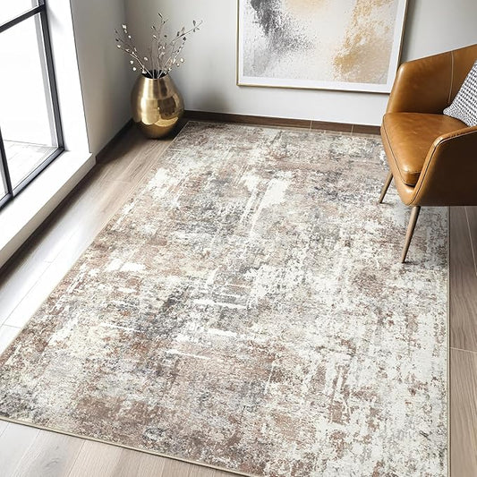 4x6 Rug Washable Area Rugs: Abstract Modern Soft Stain Resistant Indoor Floor Accent Non Slip Carpet for Living Room Entryway Kitchen Bedroom Nursery Office Bedside Home House Decor- Brown-CubbioJoy