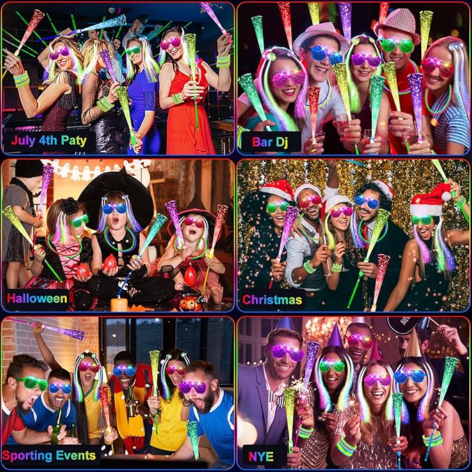 148 PCS Glow in the Dark Party Supplies, 16 Fiber Optic Wands, 14 LED Glasses, 100 Glow Sticks and 18 LED Hair Clips Fiber Optic for Neon Party, Wedding, Birthday, Concert, New Year-CubbioJoy