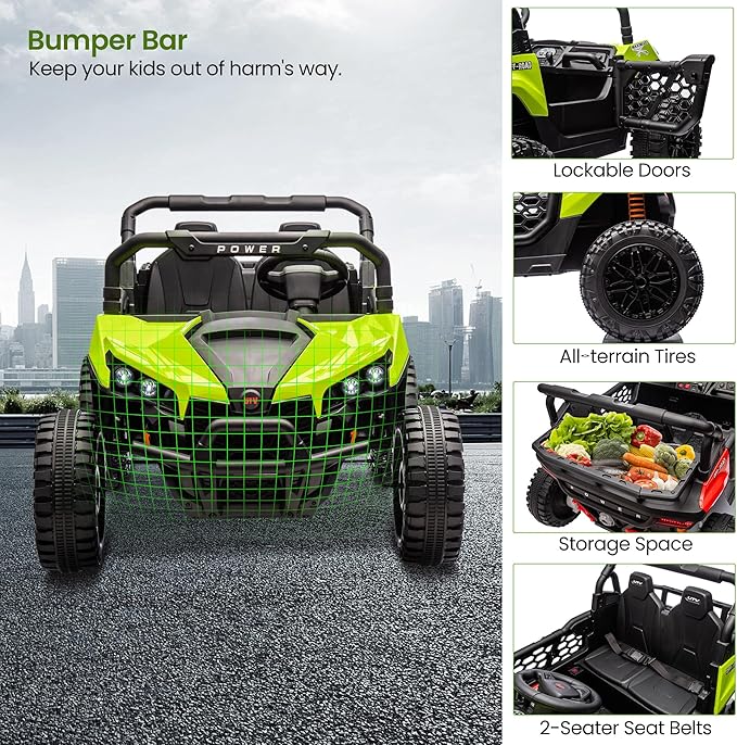 24V 2 Seater Ride On Car Truck, Power Wheels Kids UTV w/Parent Remote Control, 3.1 MPH Max Speed, Music Player, LED Lights & Storage, Electric Vehicle Ride On Toy for Kids Toddler Ages 3-8, Green-CubbioJoy