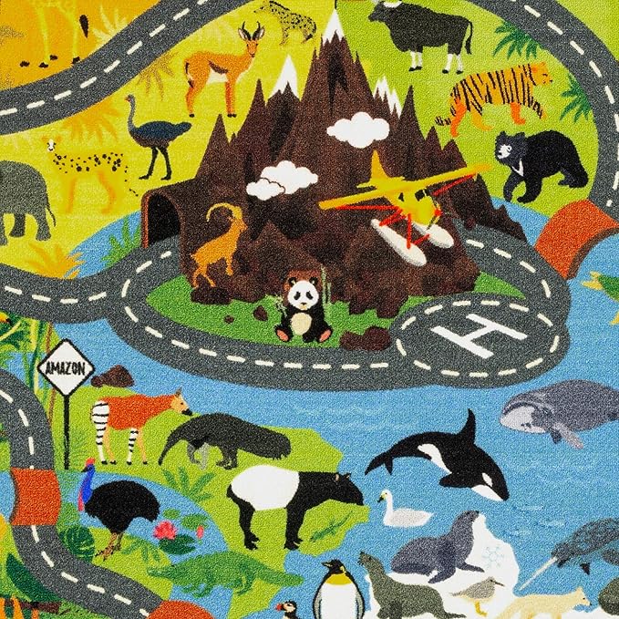 KC Cubs 5x7 Animal Safari Toy Car Road Rug – Educational Play Mat Carpet for Kids, Toddlers, Nursery, Classroom, Playroom, Baby Daycare, Boys & Girls-CubbioJoy