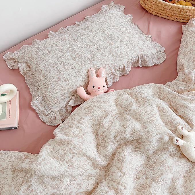 BuLuTu Muslin Cotton Pillowcase King Pillow Cover for Kids Adults Cute Rabbits Flower Pattern Pillowcases with Envelope Closure, 20x36 inch, 1 Piece, Forest, Machine Washable-CubbioJoy