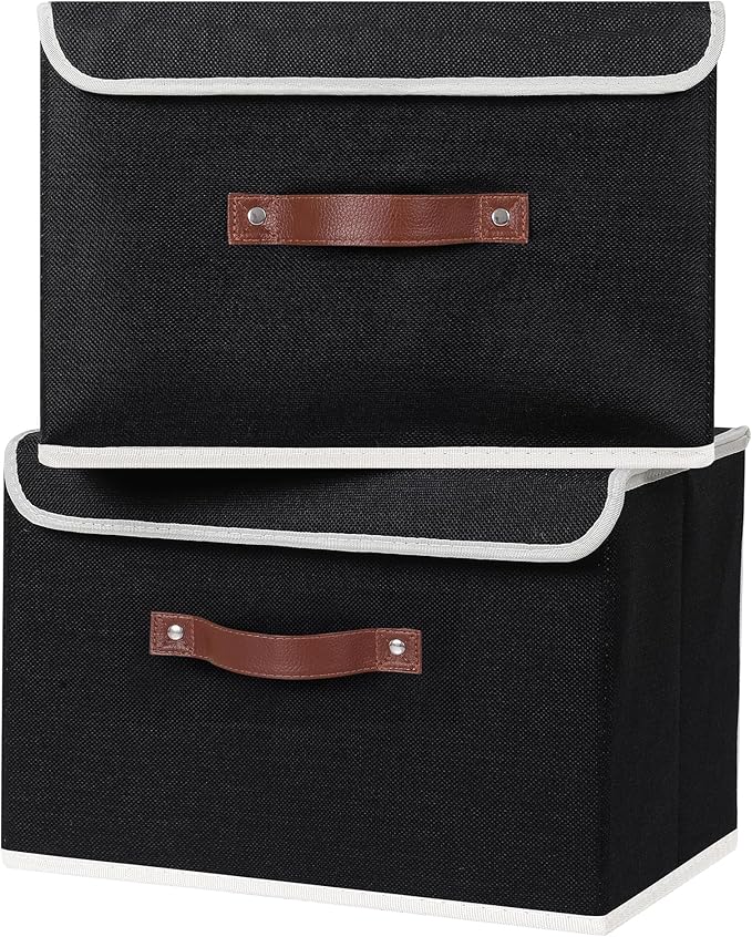 ANMINY 4PCS Storage Bins with Lid PU Leather Handles Storage Boxes PP Plastic Board Decorative Foldable Lidded Cotton Linen Fabric Home Cubes Baskets Closet Organizer Containers - Black, Large Size-CubbioJoy