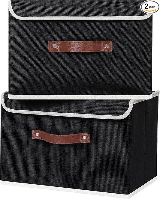 ANMINY 2PCS Storage Bins with Lid PU Leather Handles Storage Boxes PP Plastic Board Decorative Foldable Lidded Cotton Linen Fabric Home Cubes Baskets Closet Organizer Containers - Black, Large Size-CubbioJoy